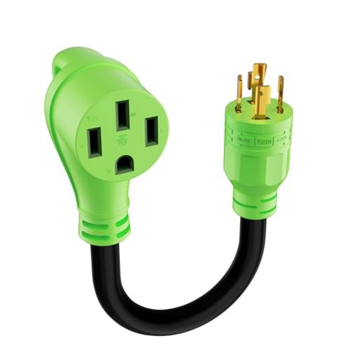 Green RV power adapter cord with molded 4-prong plugs and black jacketed cable