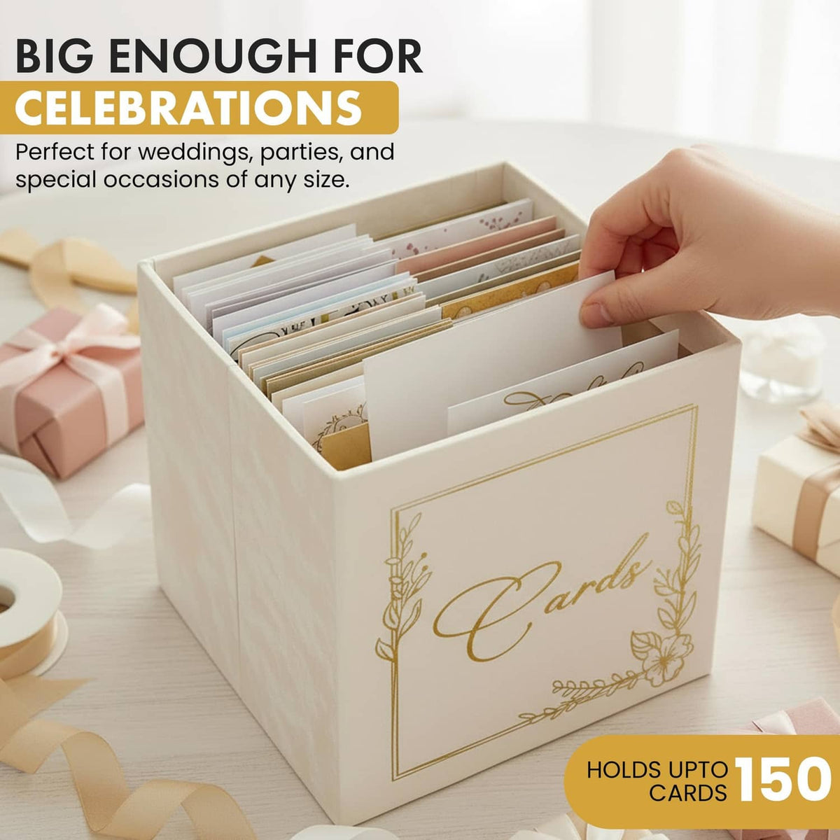 White collapsible card box with cards inside; gold "Cards" logo on the front.