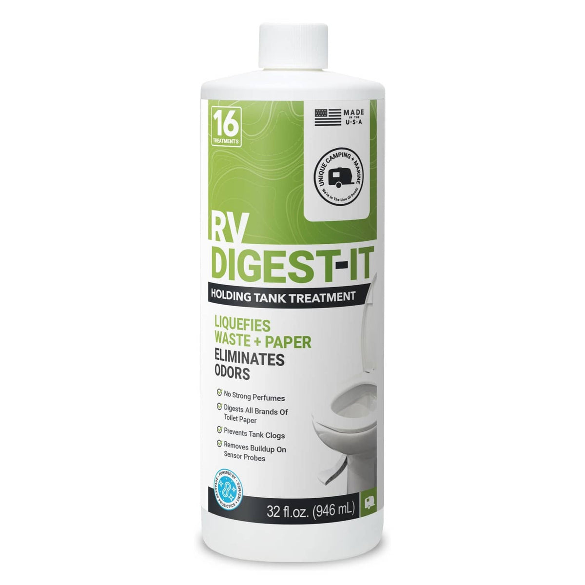 32 fl oz RV holding tank treatment bottle with green “RV DIGEST-IT” label and white cap