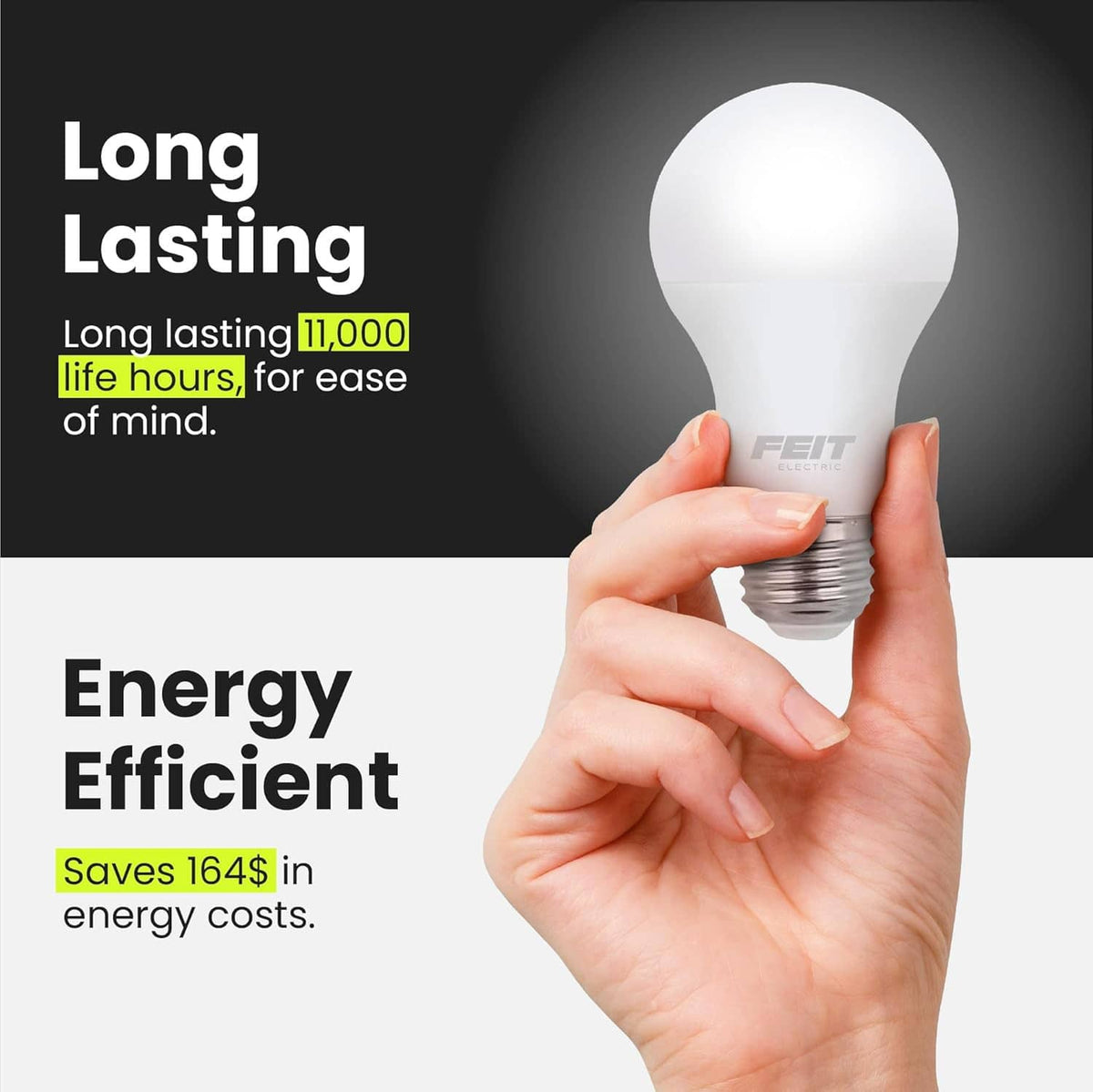 Hand holding an A19 LED light bulb with frosted white glass and E26 screw base.