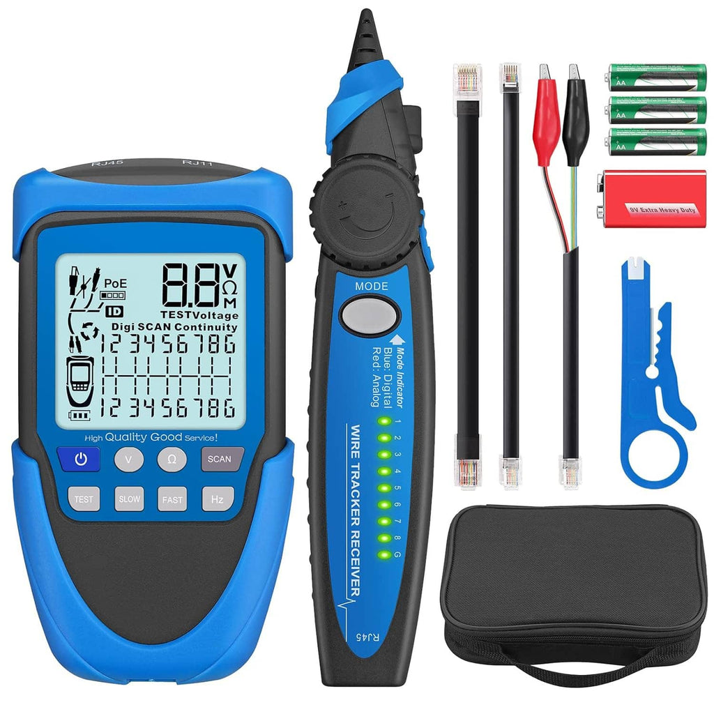 Blue and black RJ45 PoE cable tester with built-in tester screen and included carry pouch