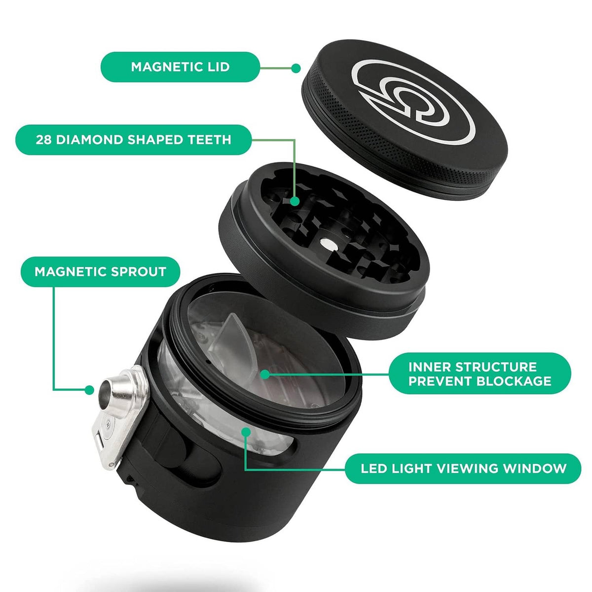 Black grinder dispenser with magnetic open lid, visible inner structure, and LED light window