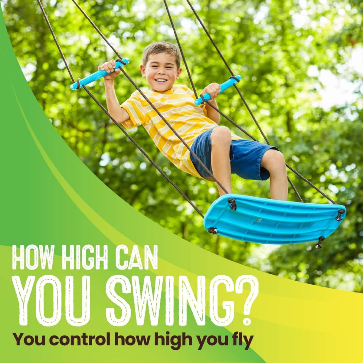 Child swinging on a turquoise stand-up surf swing board with blue handle grips