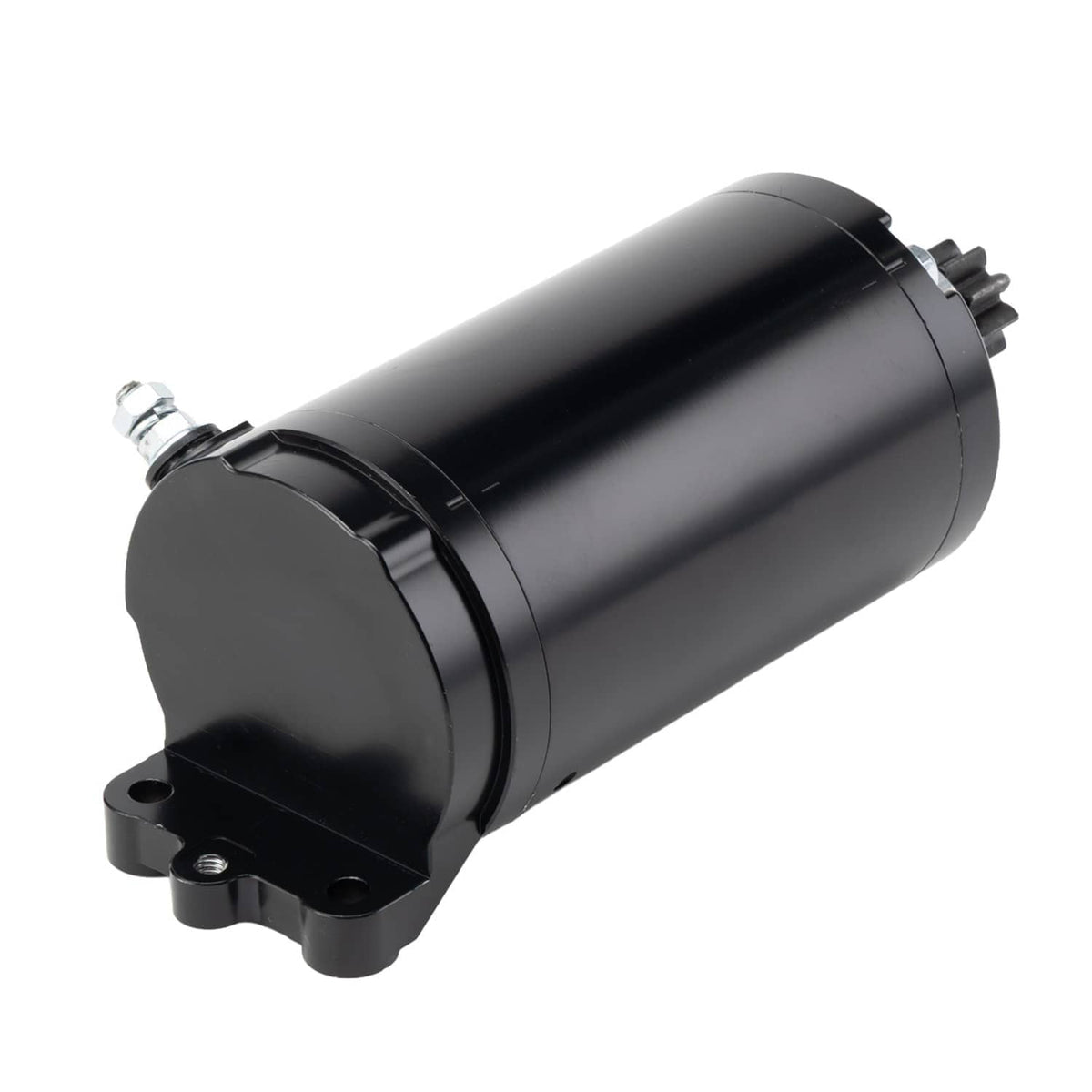 Black starter motor quarter view with mounting bracket and terminal bolts