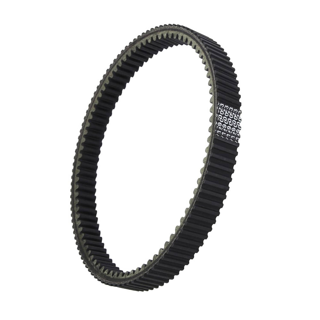 Drive belt loop, black toothed belt shown at an angle with textured side