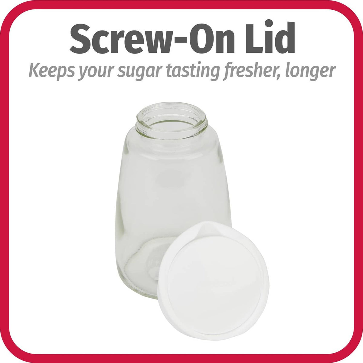 Clear glass sugar jar with white screw-on lid