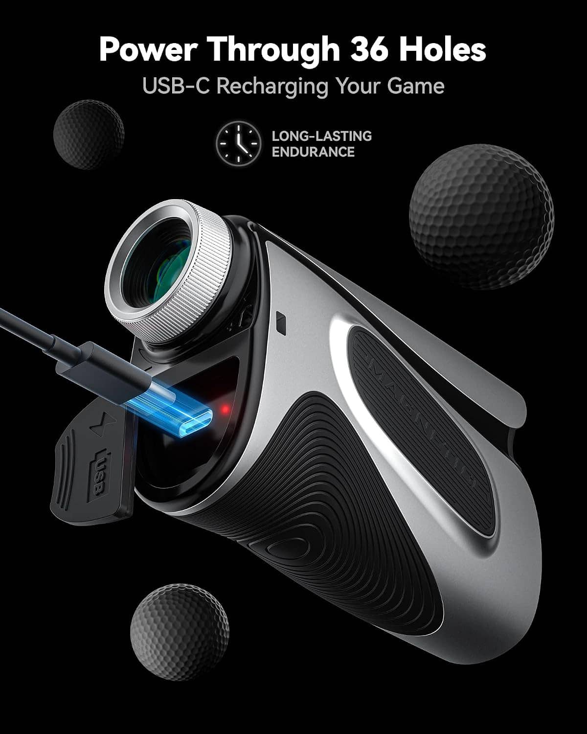 Golf laser rangefinder with USB-C charging cable and accessory ball illustrations