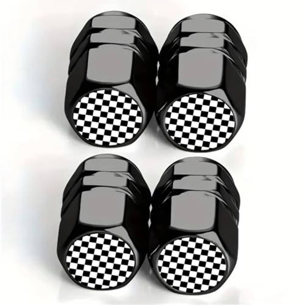 Four black tire valve stem caps with checkered logo tops, stacked view