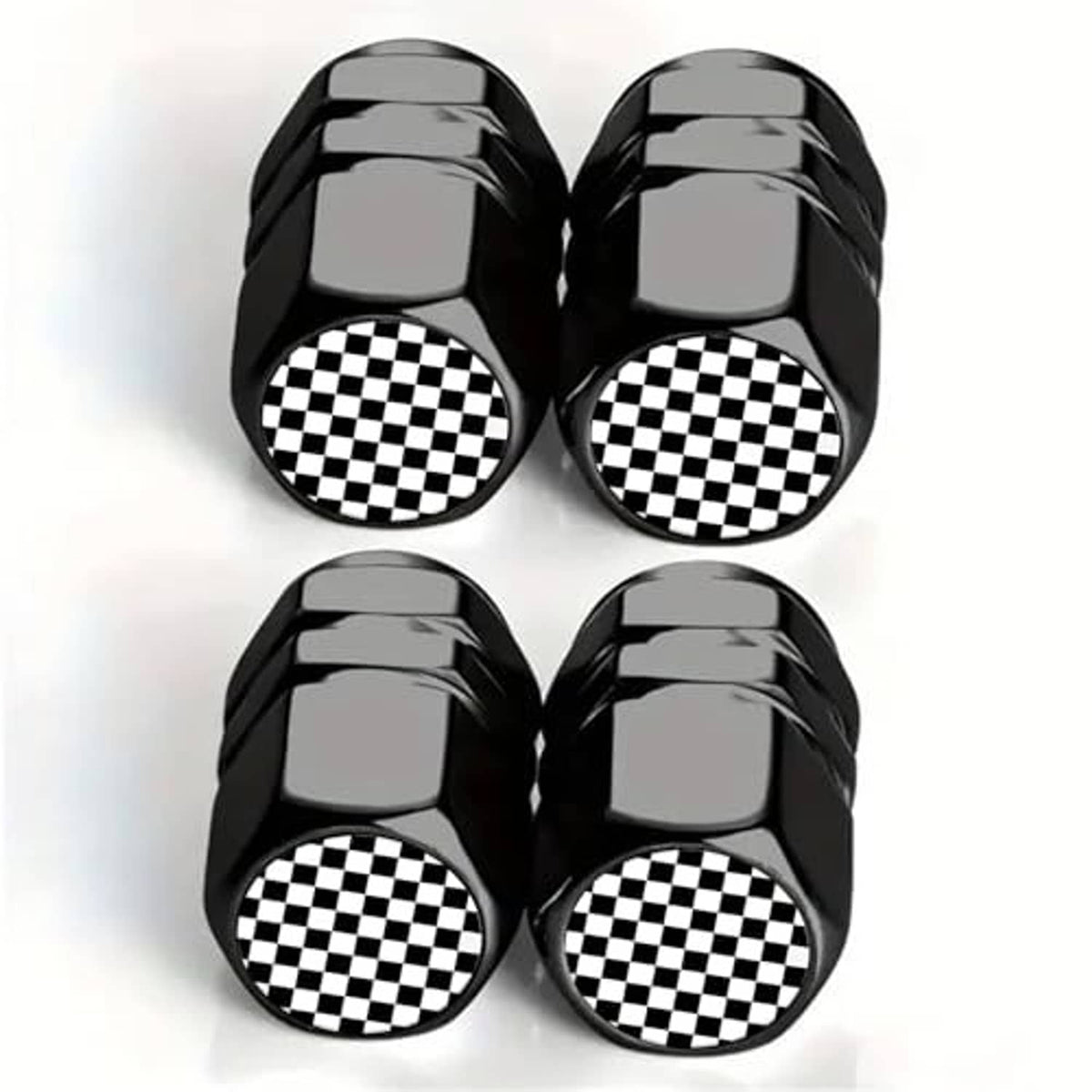 Four black tire valve stem caps with checkered logo tops, stacked view