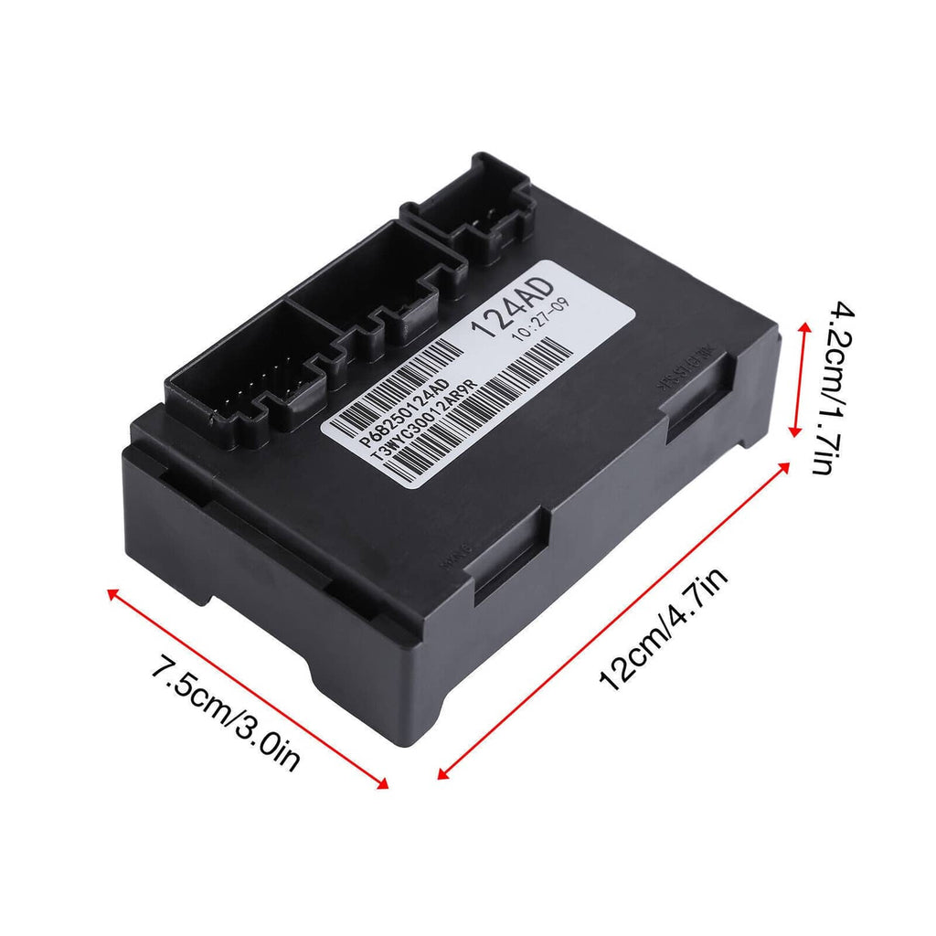Transfer case control module underside view with label and mounting tabs, black housing