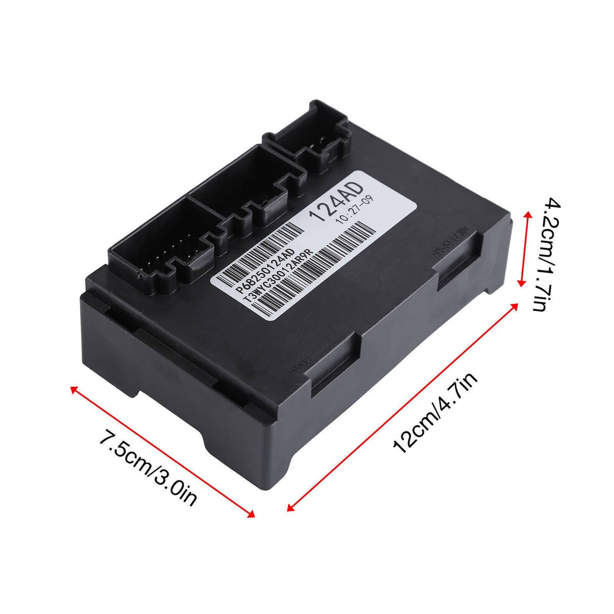 Transfer case control module underside view with label and mounting tabs, black housing