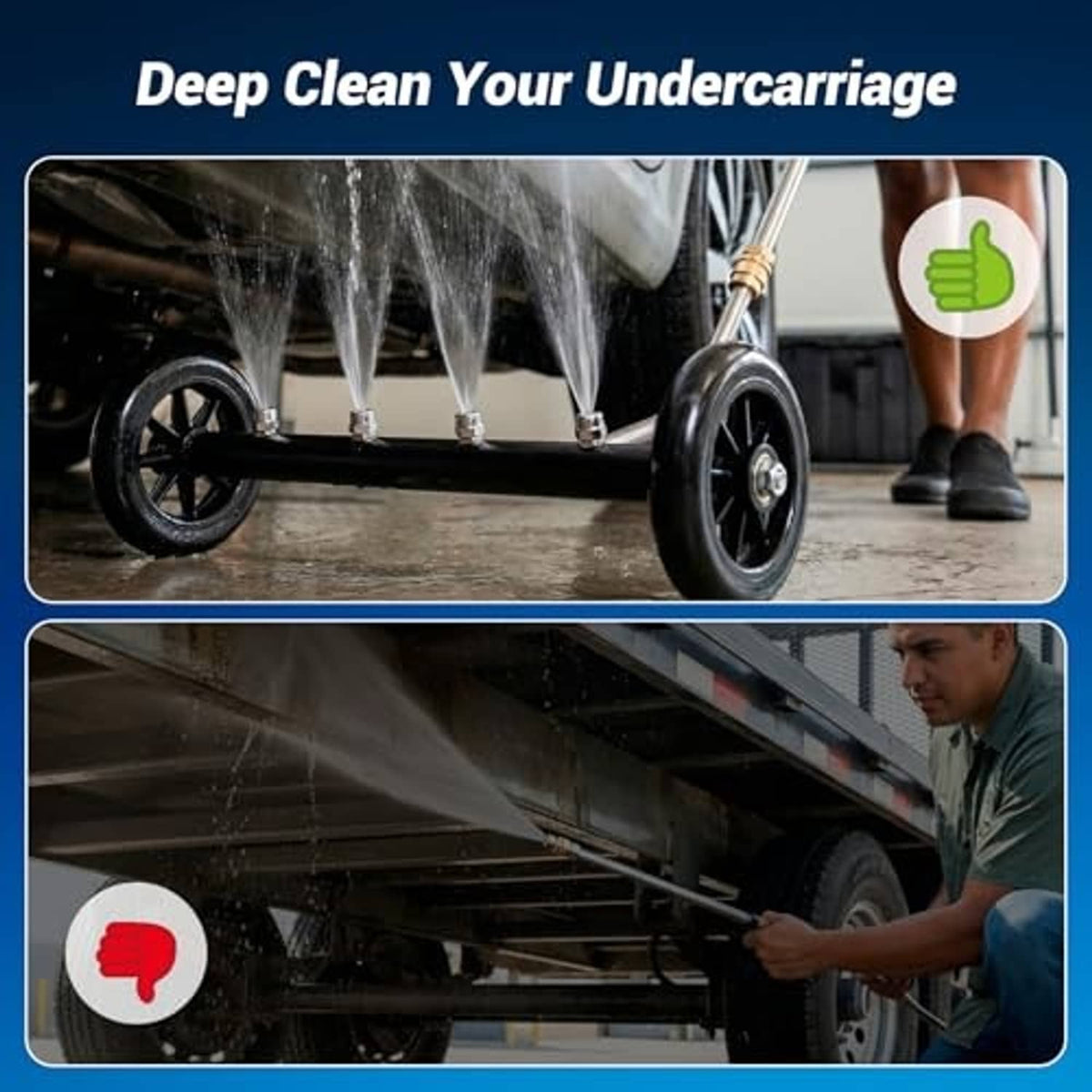 Undercarriage pressure washer cleaner bar washing underside with multiple jets