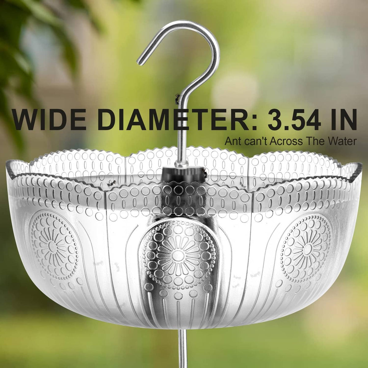 Clear ant moat basket with curved hook, wide rim and textured flower panel