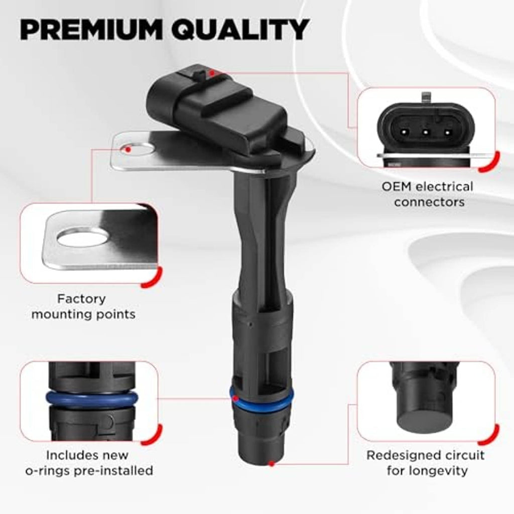 Camshaft position sensor with metal mount and black connector body, blue O-ring.