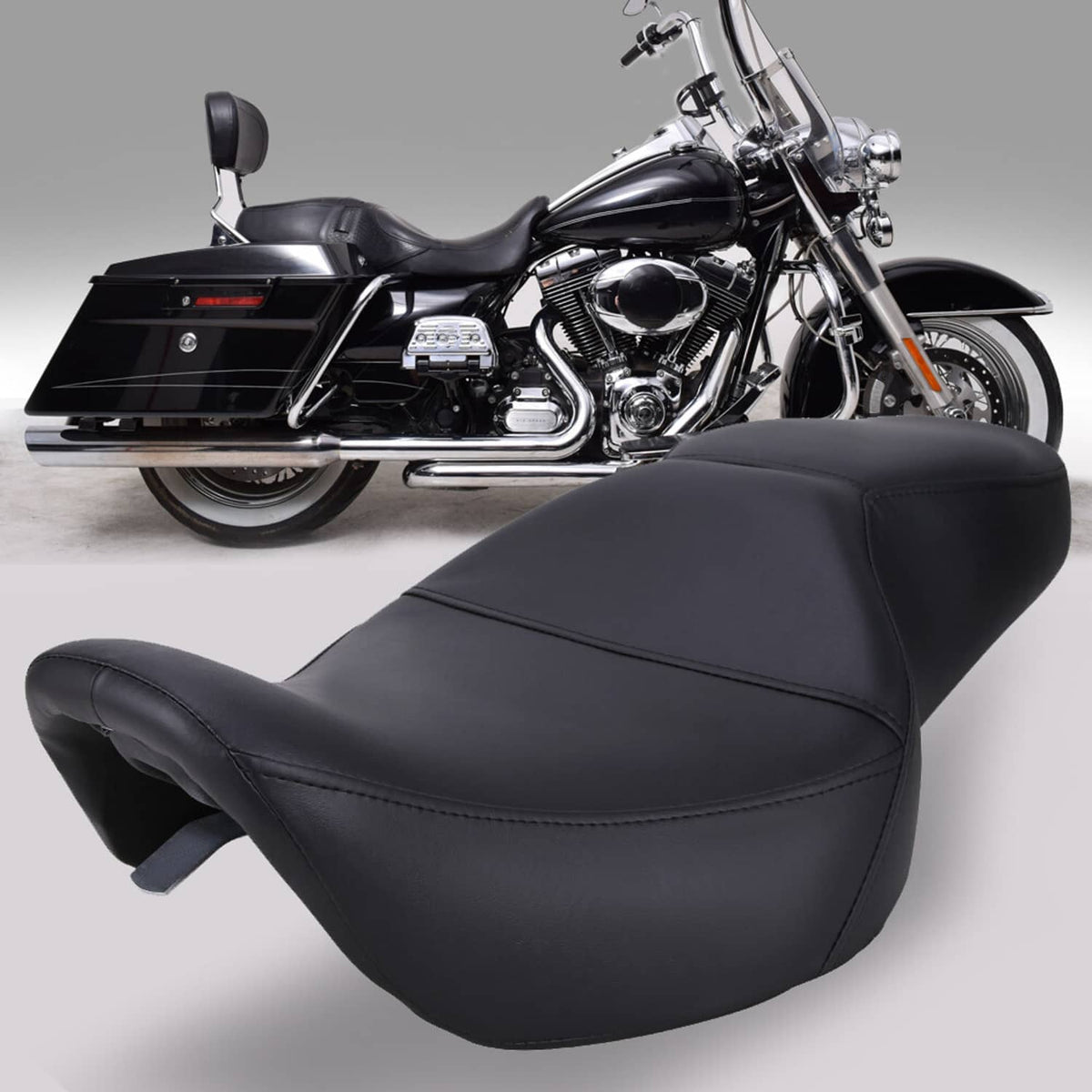 Black passenger rider seat with contoured top and side mount tab, stitched seams