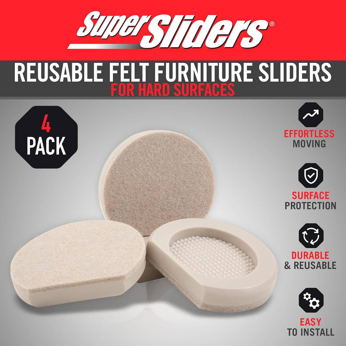 Four beige felt furniture sliders with white bases, showing cupped shape and textured pad