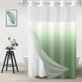 Ombre green shower curtain with white top header and full-length pleated fabric