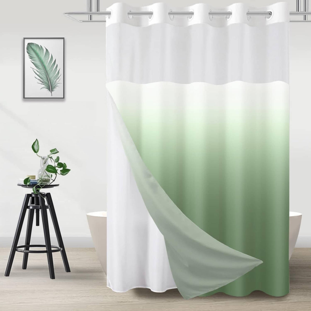 Ombre green shower curtain with white top header and full-length pleated fabric
