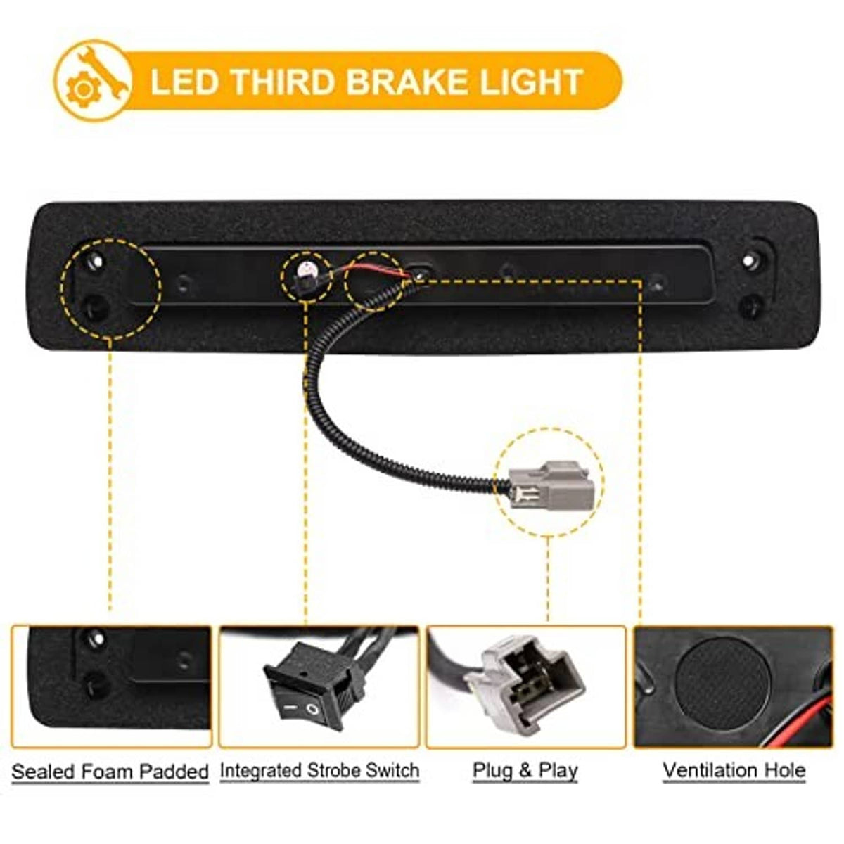 Smoked LED third brake light module with wiring harness, plug connectors, and foam pads