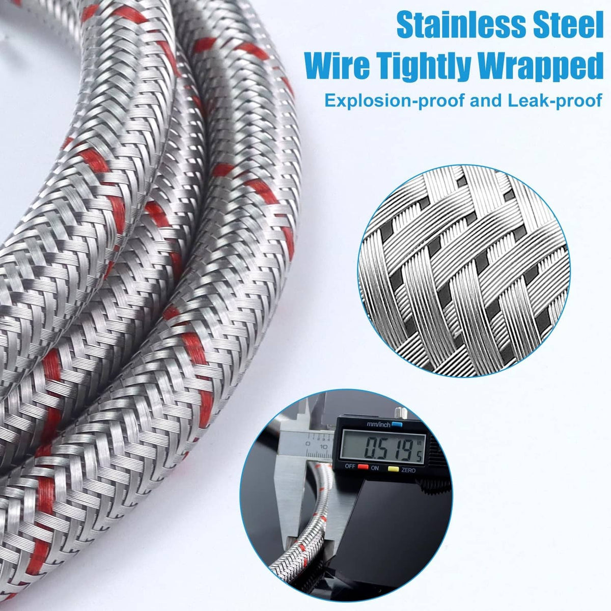 Braided stainless steel hose with tightly wrapped wire braid texture