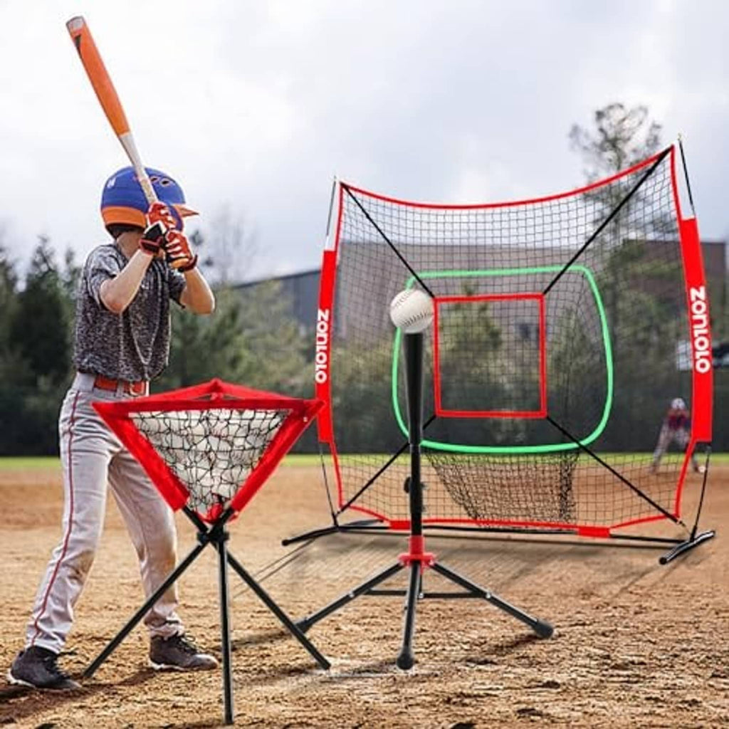 Outdoor baseball hitting net and adjustable tee set with red frame, white mesh, target area