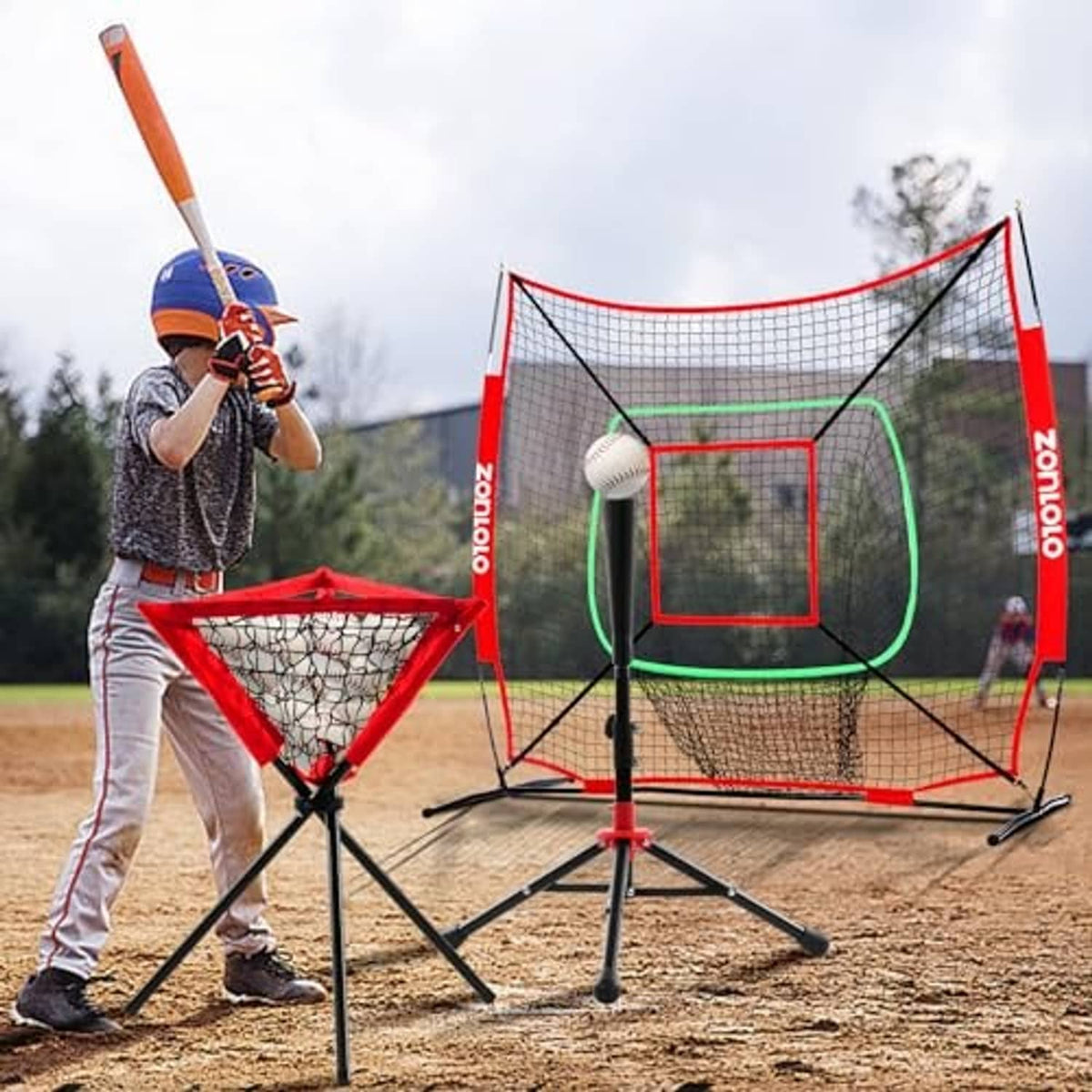 Outdoor baseball hitting net and adjustable tee set with red frame, white mesh, target area