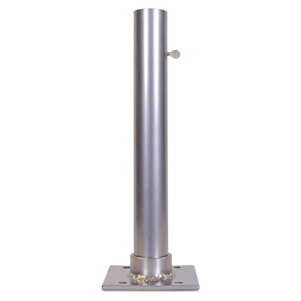 Metal flagpole deck mount with round pole sleeve, square base plate, and mounting pin