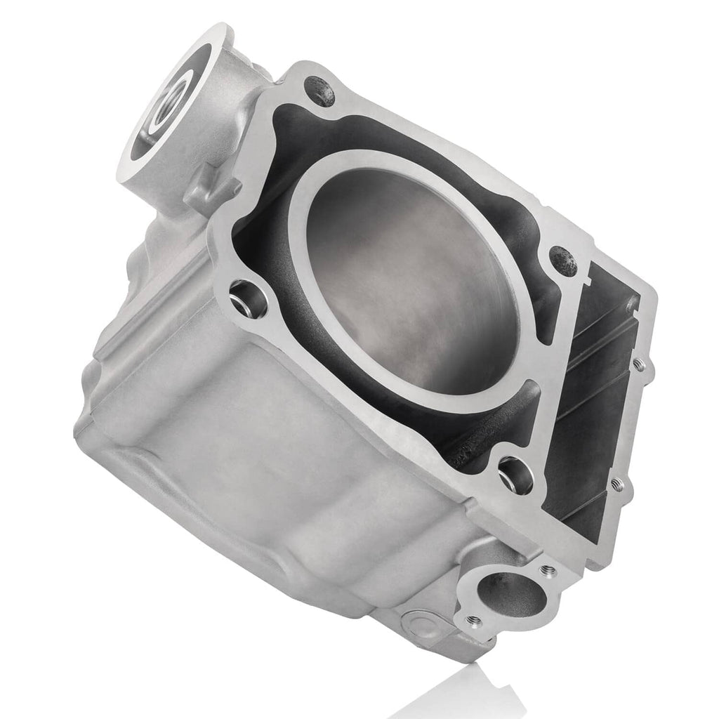 Cylinder block with piston bore and black gasket window, silver aluminum body
