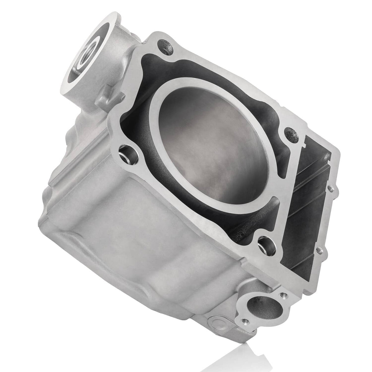 Cylinder block with piston bore and black gasket window, silver aluminum body