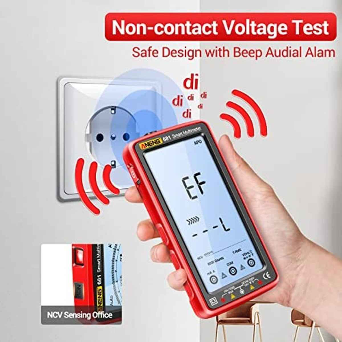 Red digital multimeter tester with backlit screen, test leads, and hand holding device