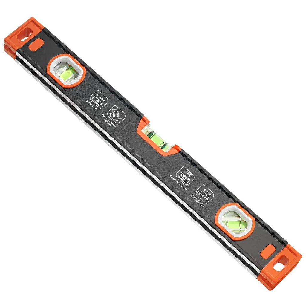 Diagonal close-up of black and orange torpedo level with vial windows
