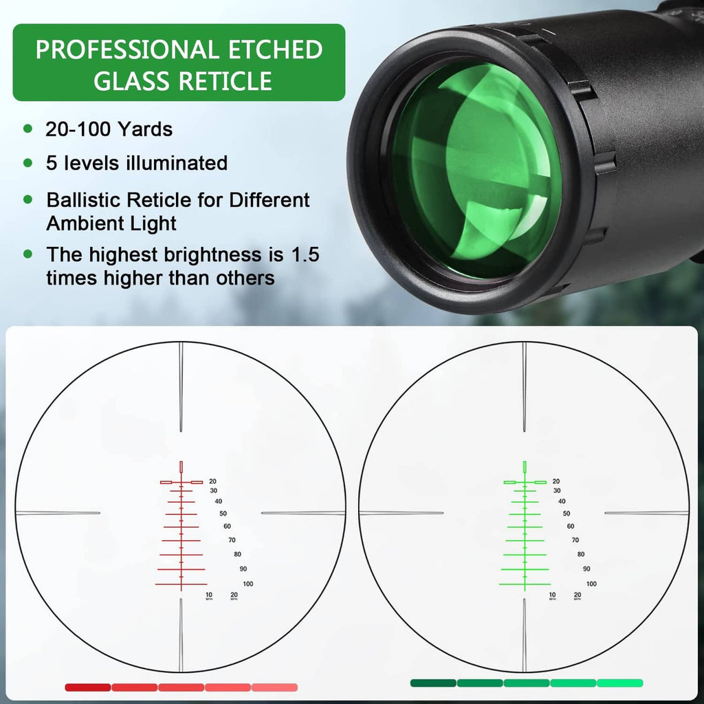 Crossbow scope front lens with green reticle view and range yard markings