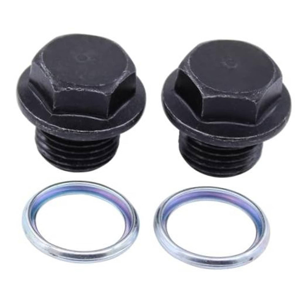 Oil drain plug bolts with crush washers—black hex heads and silver rings, 2-piece set