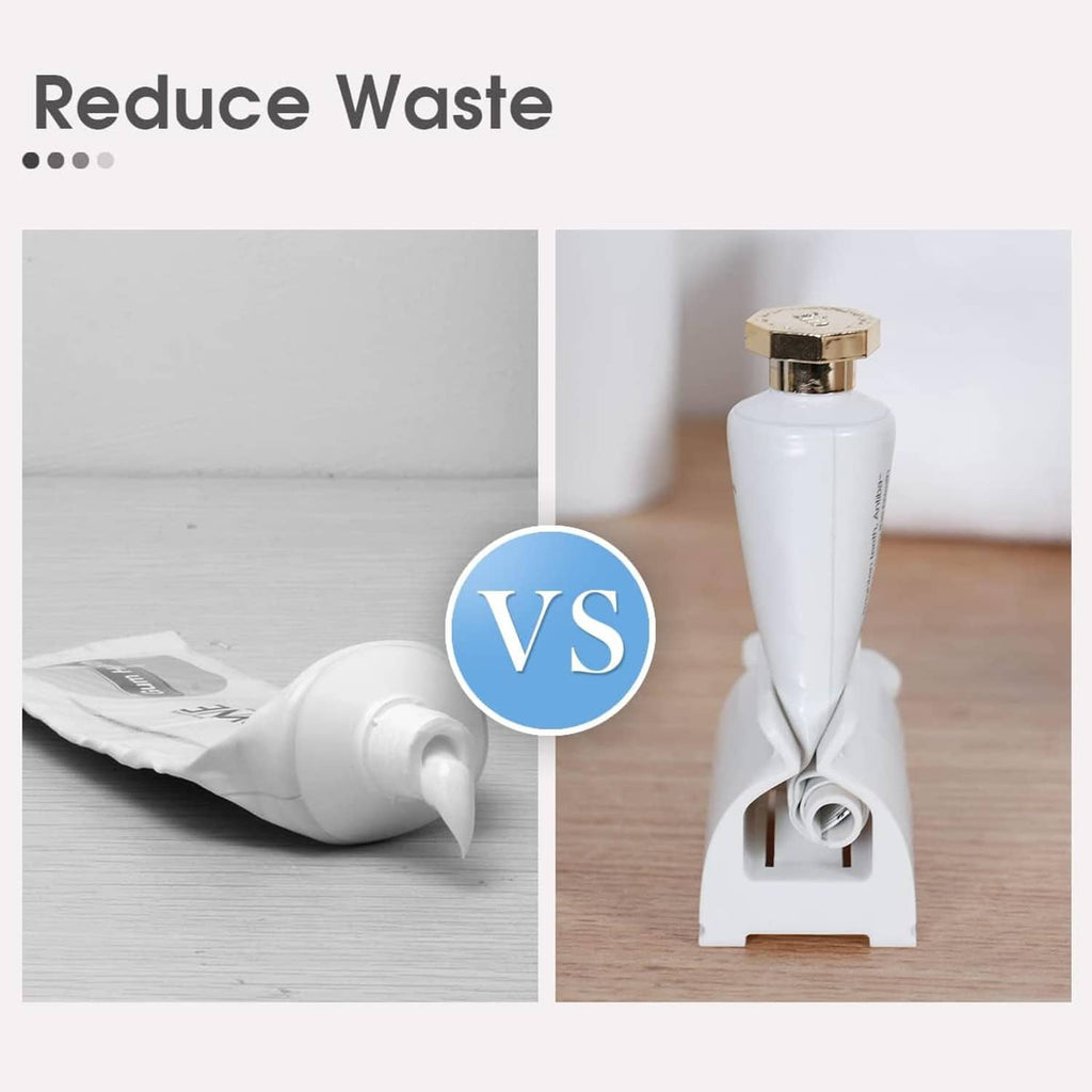 Toothpaste tube squeezer reducing waste, shown with a tube in a white holder