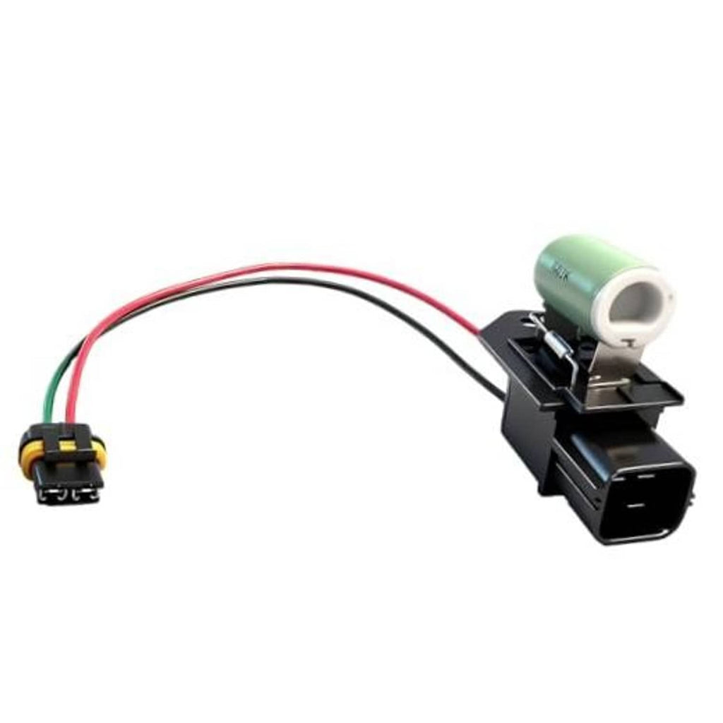Radiator fan motor wiring harness with black and green connectors, red/black wires
