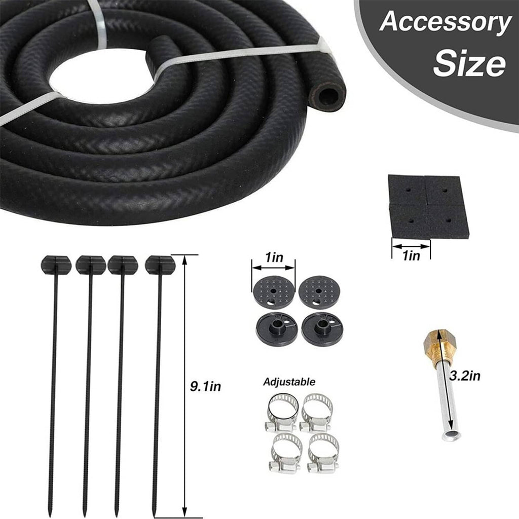 Black hose coil with installation plates, clamps, and adjustable adapter pieces
