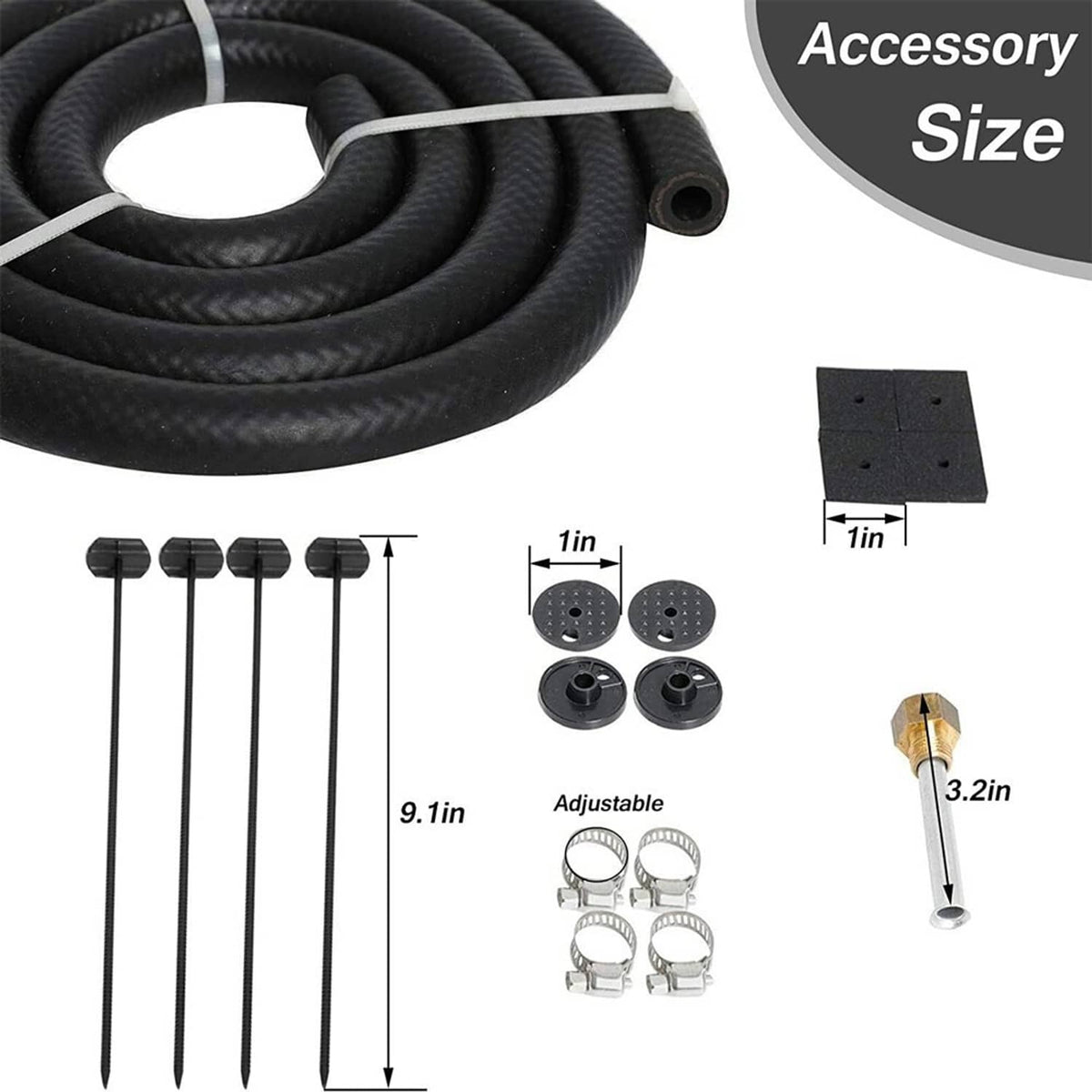 Black hose coil with installation plates, clamps, and adjustable adapter pieces
