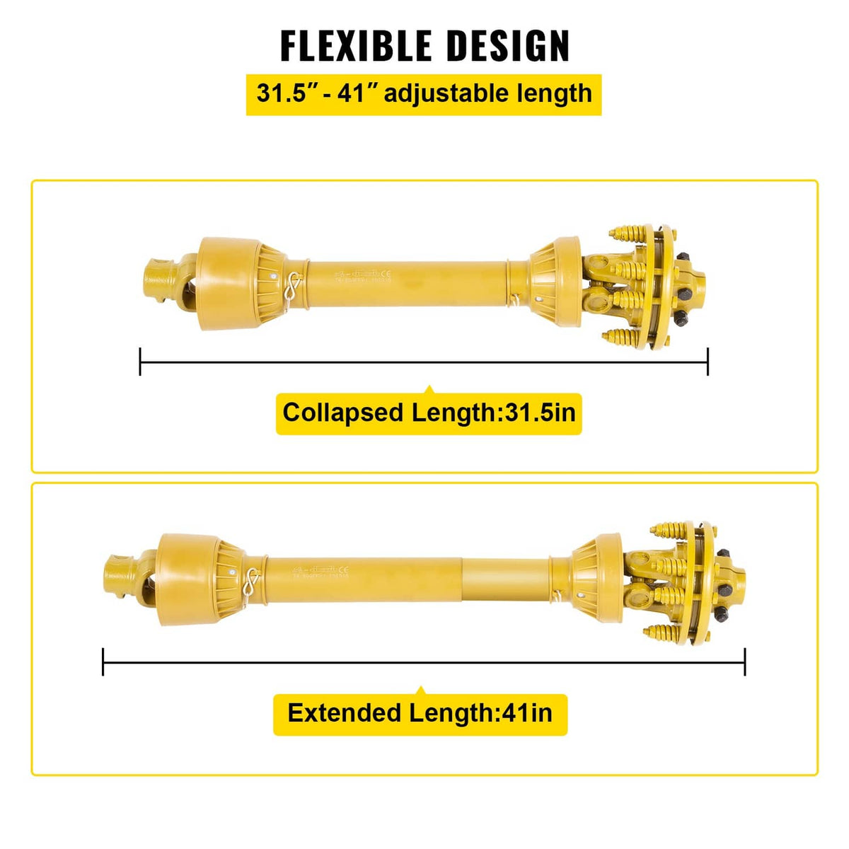 Adjustable yellow PTO drive shaft with slip clutch, chain guard and universal joint yokes