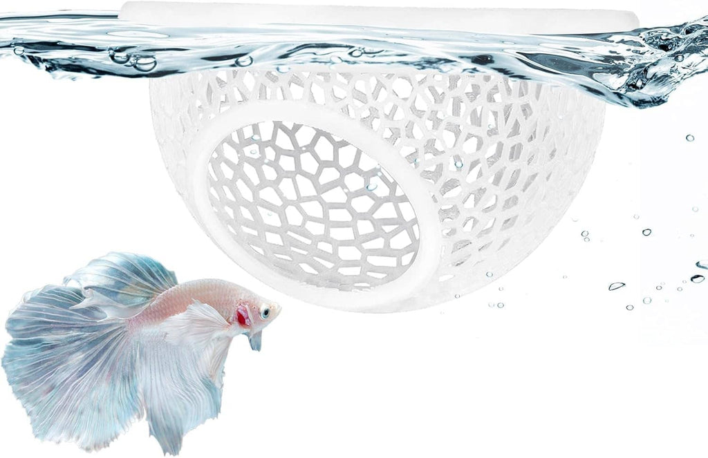 White floating aquarium hammock cave with circular opening, holding a blue betta fish