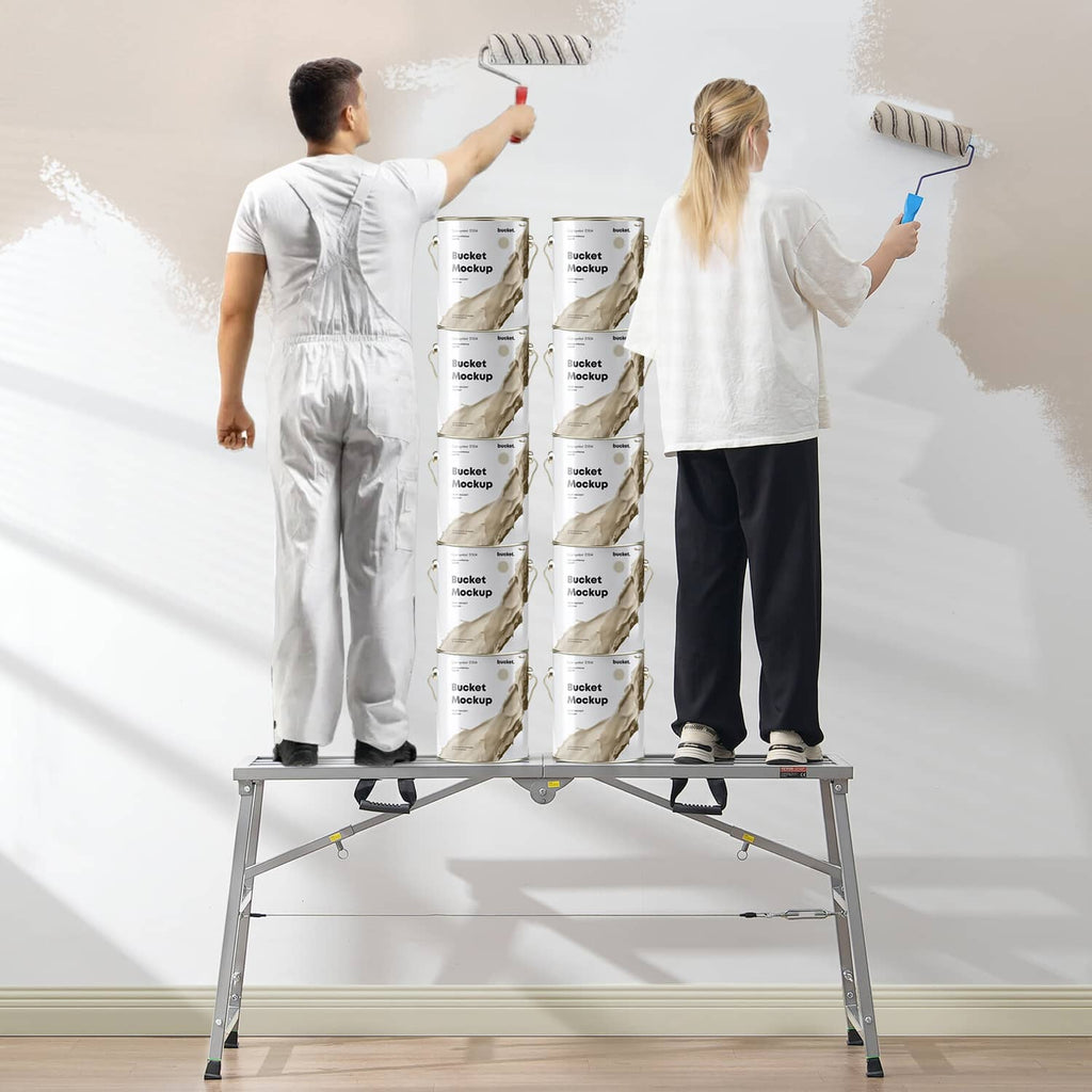 Portable scaffolding platform with four support legs and ribbed deck while painting