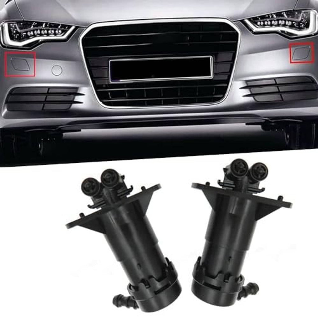 Headlight washer nozzle jet sprayer pair displayed under front bumper area on vehicle