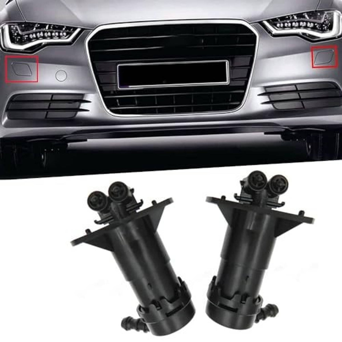 Headlight washer nozzle jet sprayer pair displayed under front bumper area on vehicle