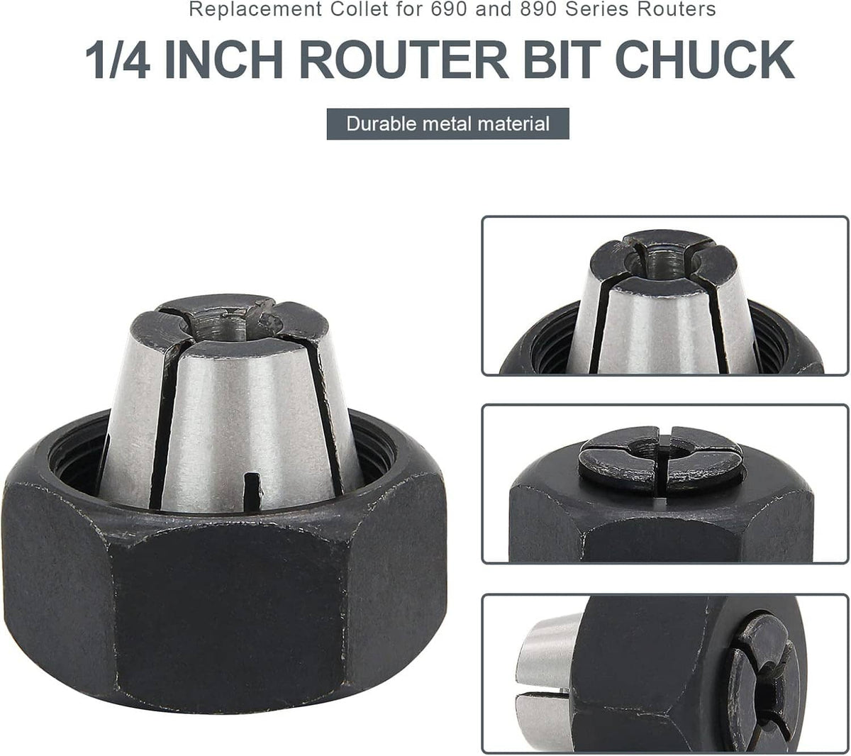 1/4-inch router bit chuck collet, black housing with silver metal insert