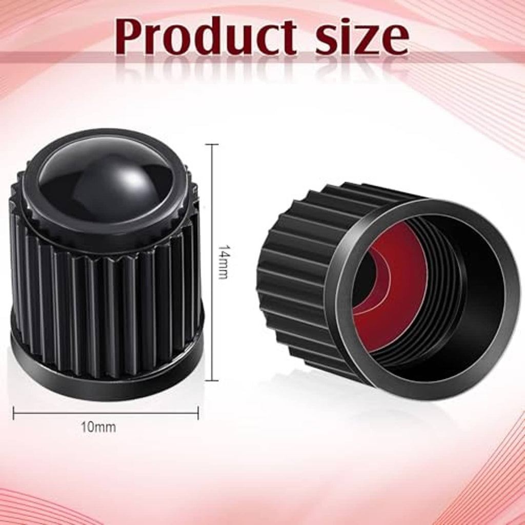 Black universal tire valve stem cap pair with ribbed sides and inner red seal