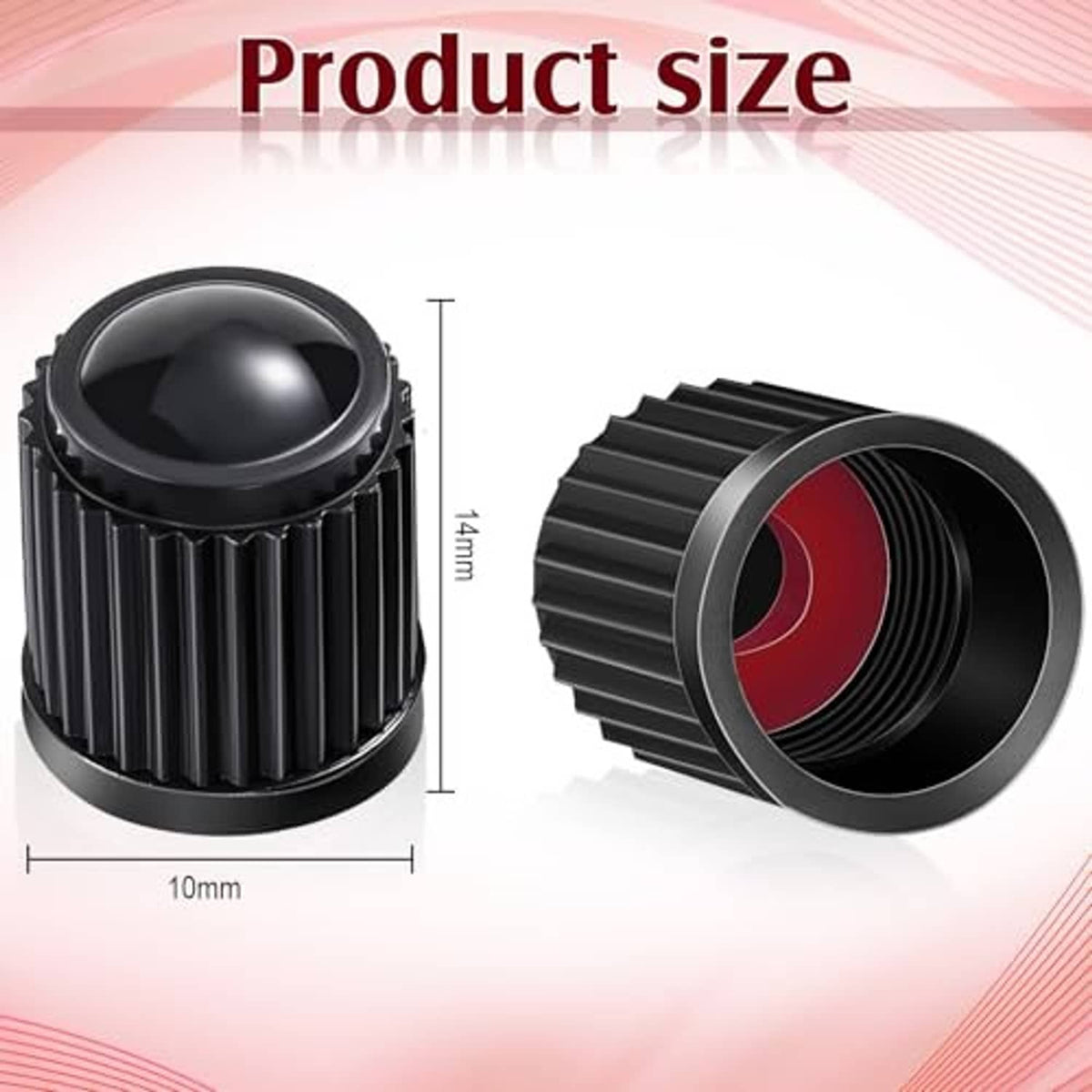 Black universal tire valve stem cap pair with ribbed sides and inner red seal