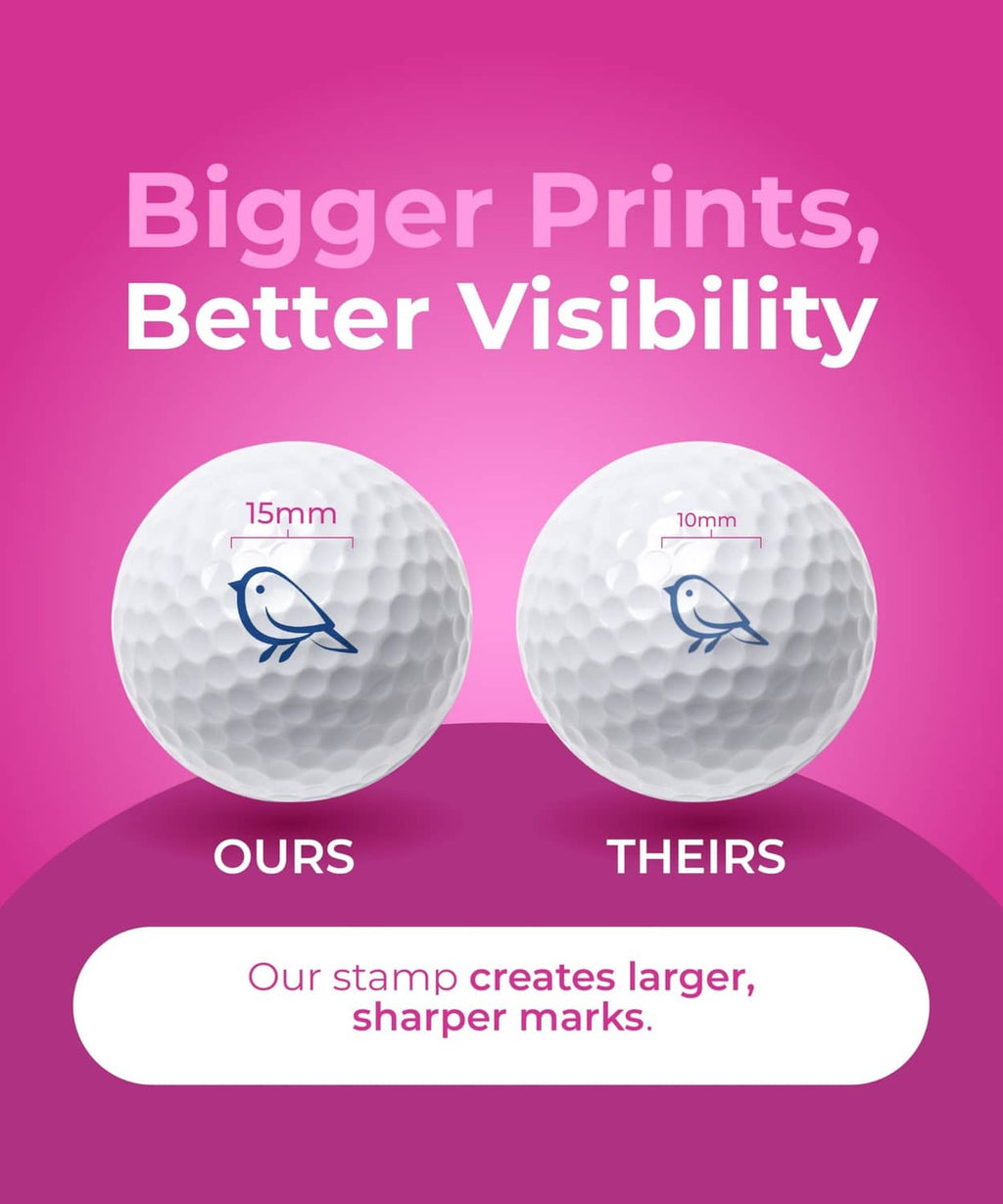 Two white golf balls showing blue bird stamped designs for size comparison