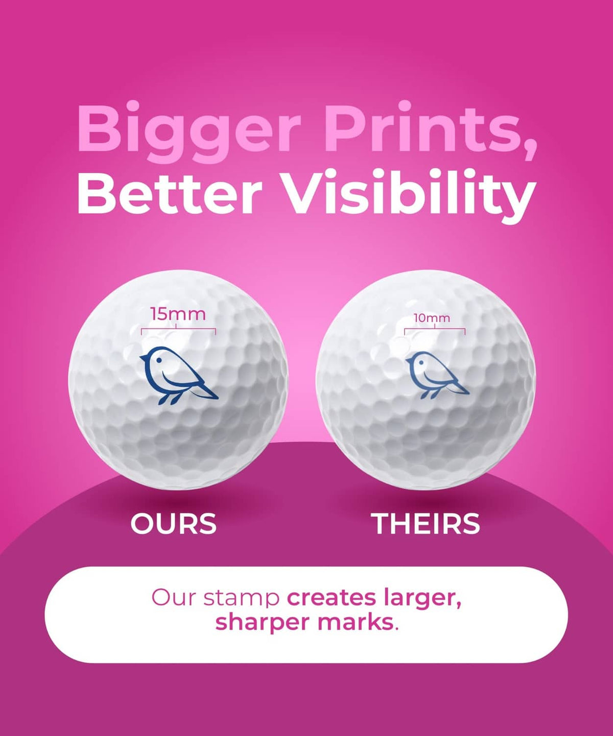 Two white golf balls showing blue bird stamped designs for size comparison