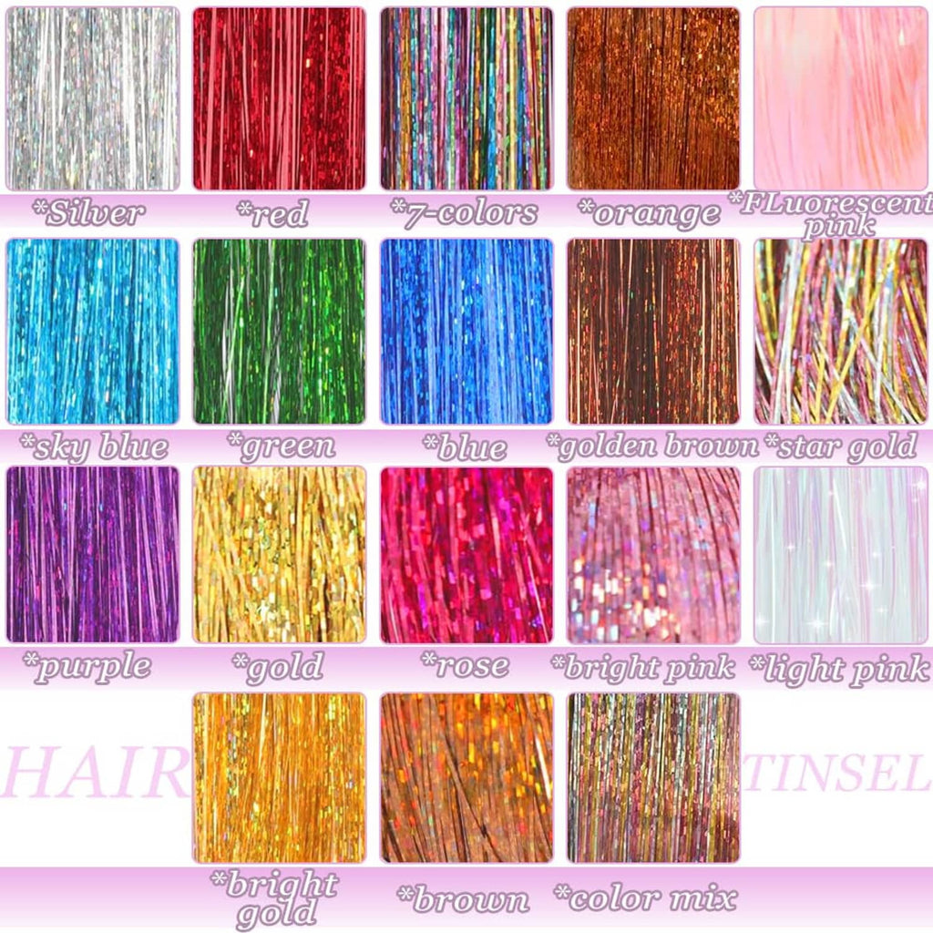 Hair tinsel color swatch cards showing multiple sparkle shades including silver and red