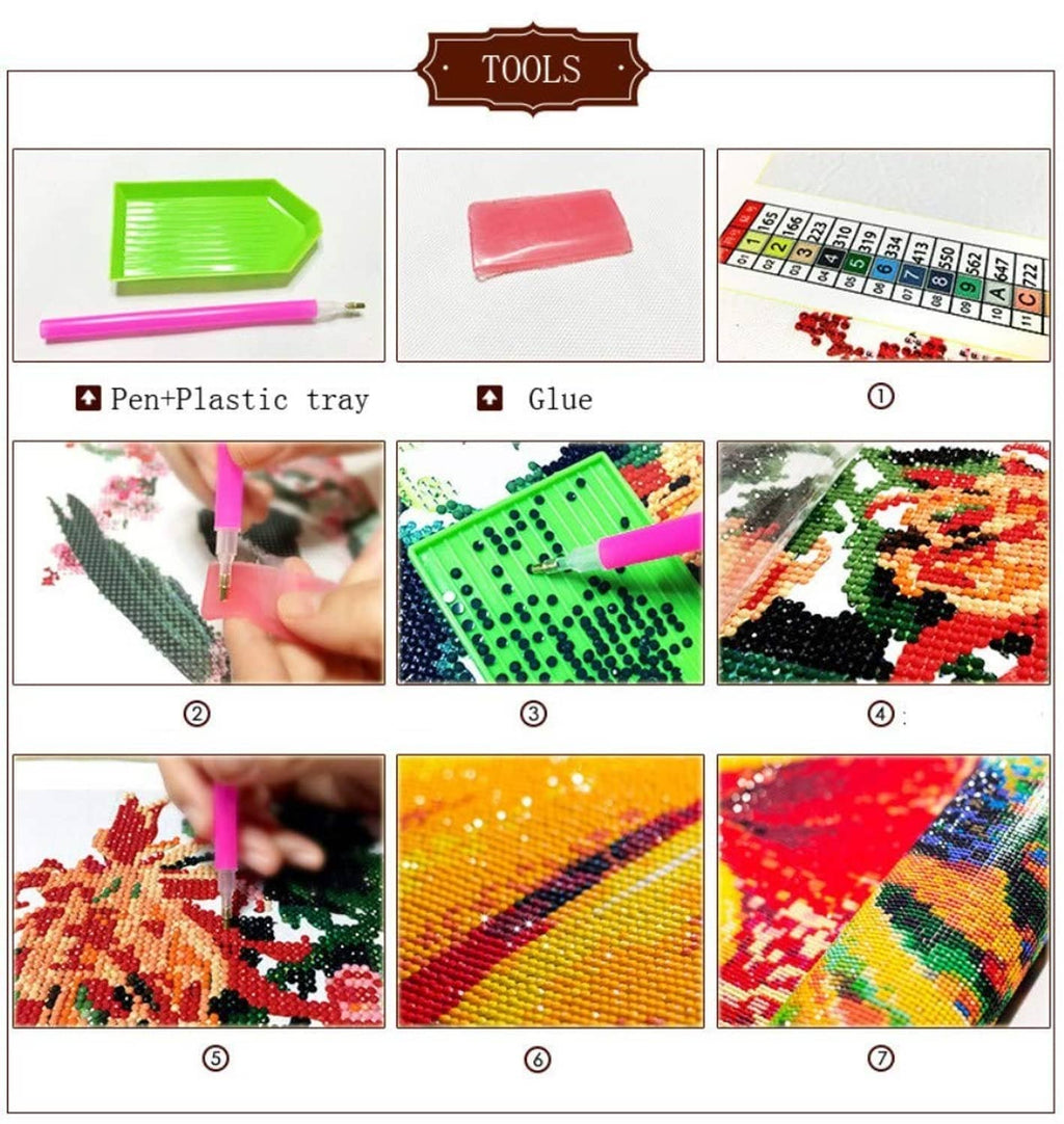 Diamond painting tools set with applicator pen, glue, and plastic tray