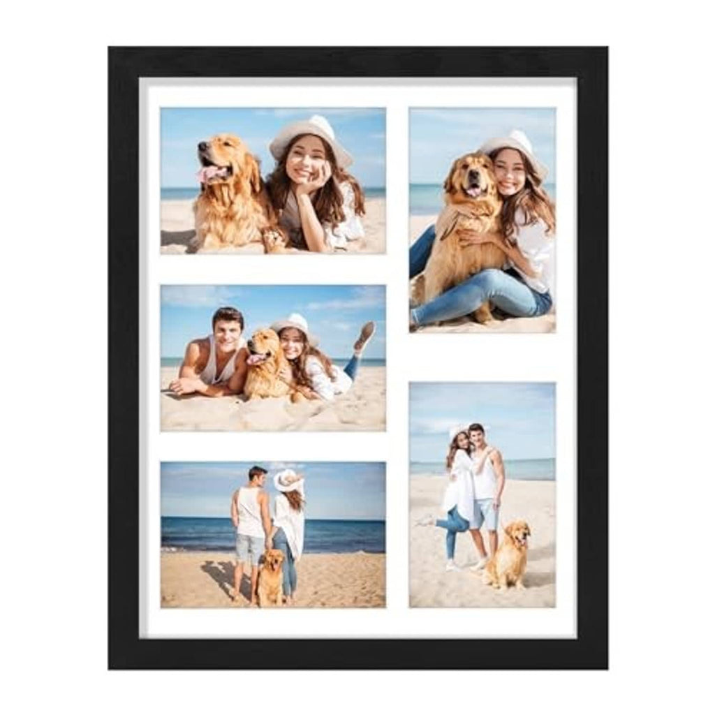 Black collage picture frame showing five 4x6 photo openings with white mat border